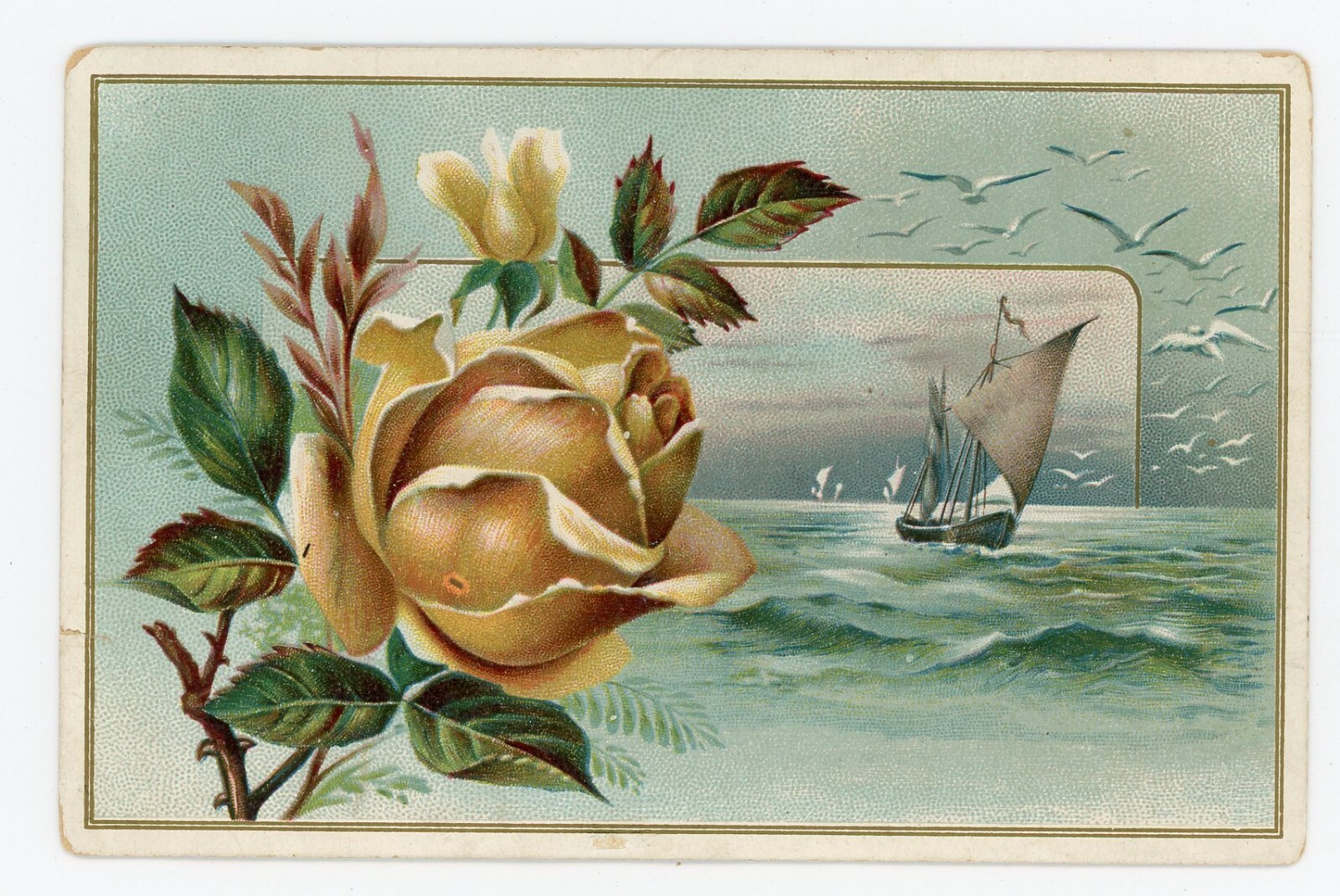 Remer’s Tea Store Syracuse NY Victorian Trade Card Embossed Rose with Ship Ocean