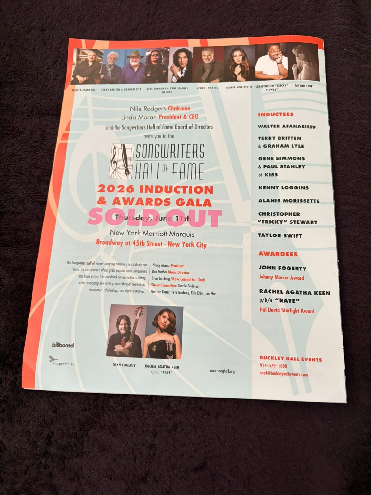 TAYLOR SWIFT, KISS, ALANIS MORISSETTE JOHN FOGERTY RAYE ad Songwriters Hall Fame