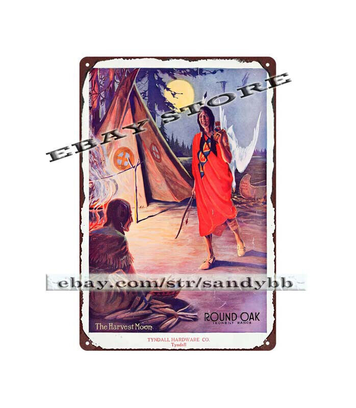 1919 ROUND OAK STOVES RANGES native American woman cooking tin sign garage bars