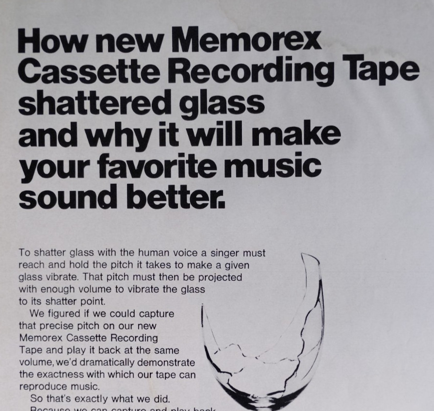 Vintage Retro 1971 Ad Memorex Cassette Recording Tape Shatters Glass