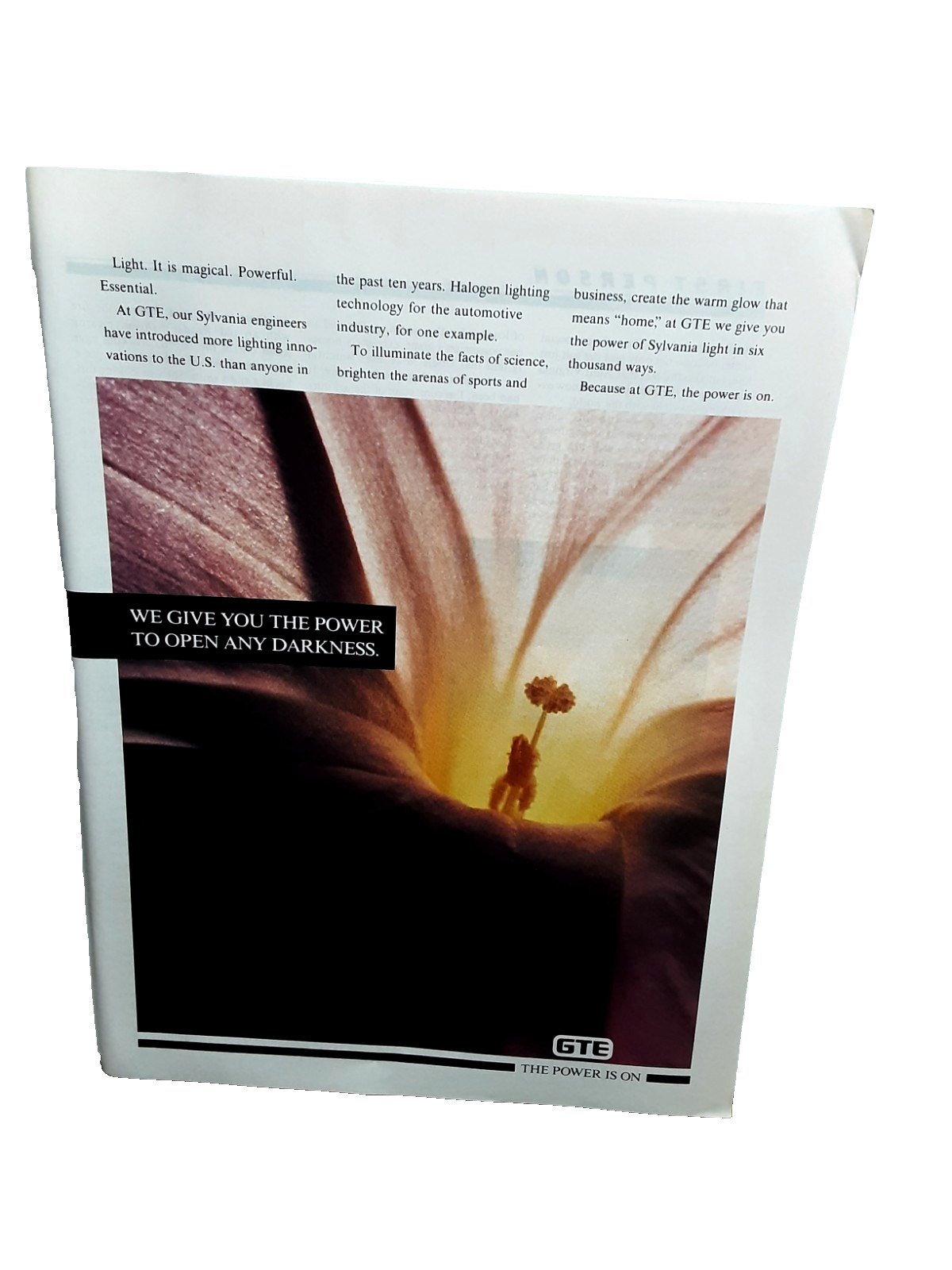 1990 GTE Vintage Print Ad Sylvania Light Power On