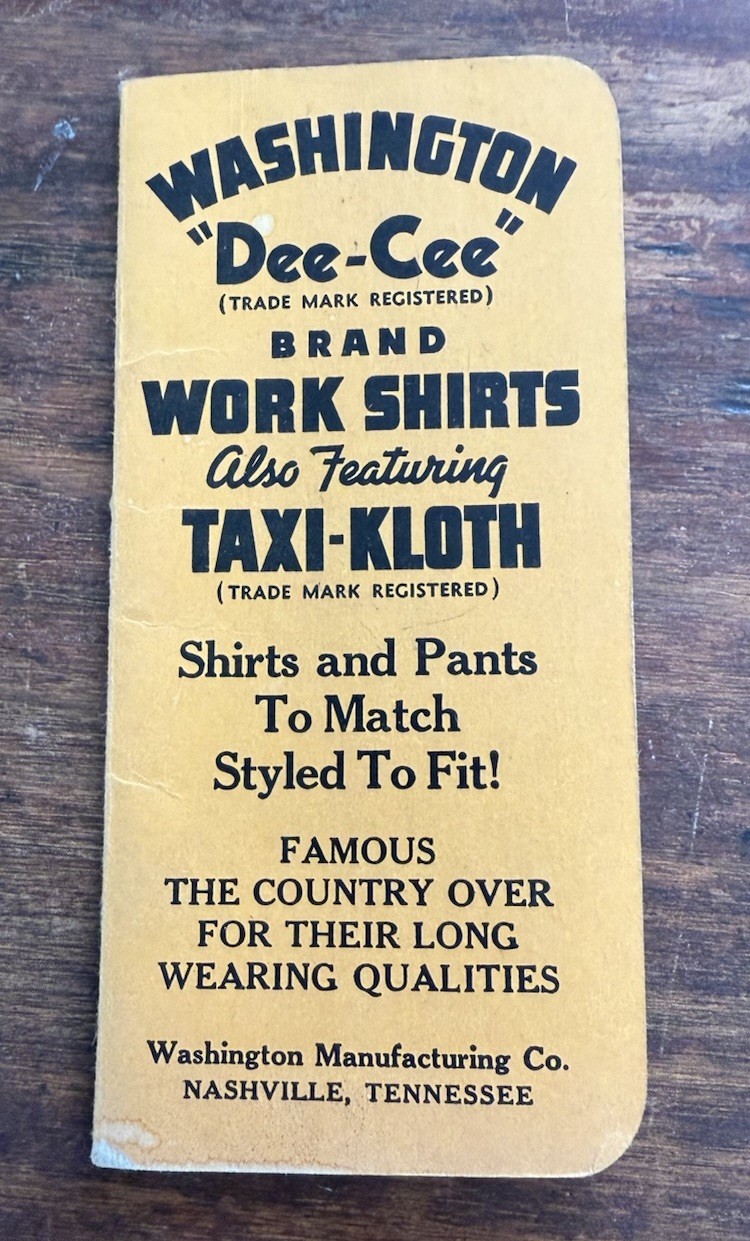 B381 1942 Washington Dee-Cee Brand Nashville Pocket Worn Note Pad Farm Used