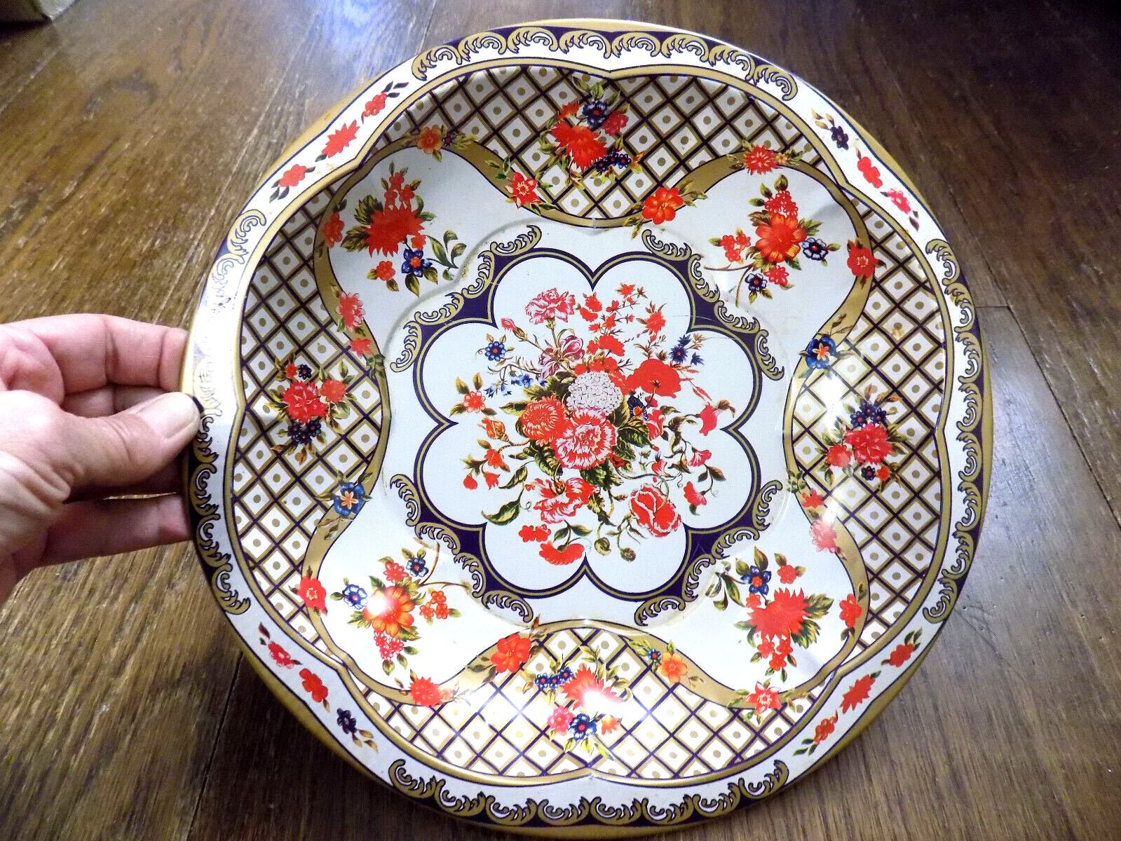 Vtg White Blue Gold Floral MCM Large Bowl The Tin Box Co of America 10.5” Retro
