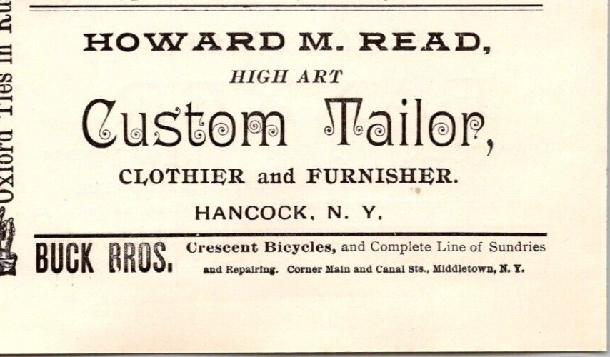 1900 Howard M Read Custom Tailor Clothier & Furnisher HANCOCK NY Print Ad