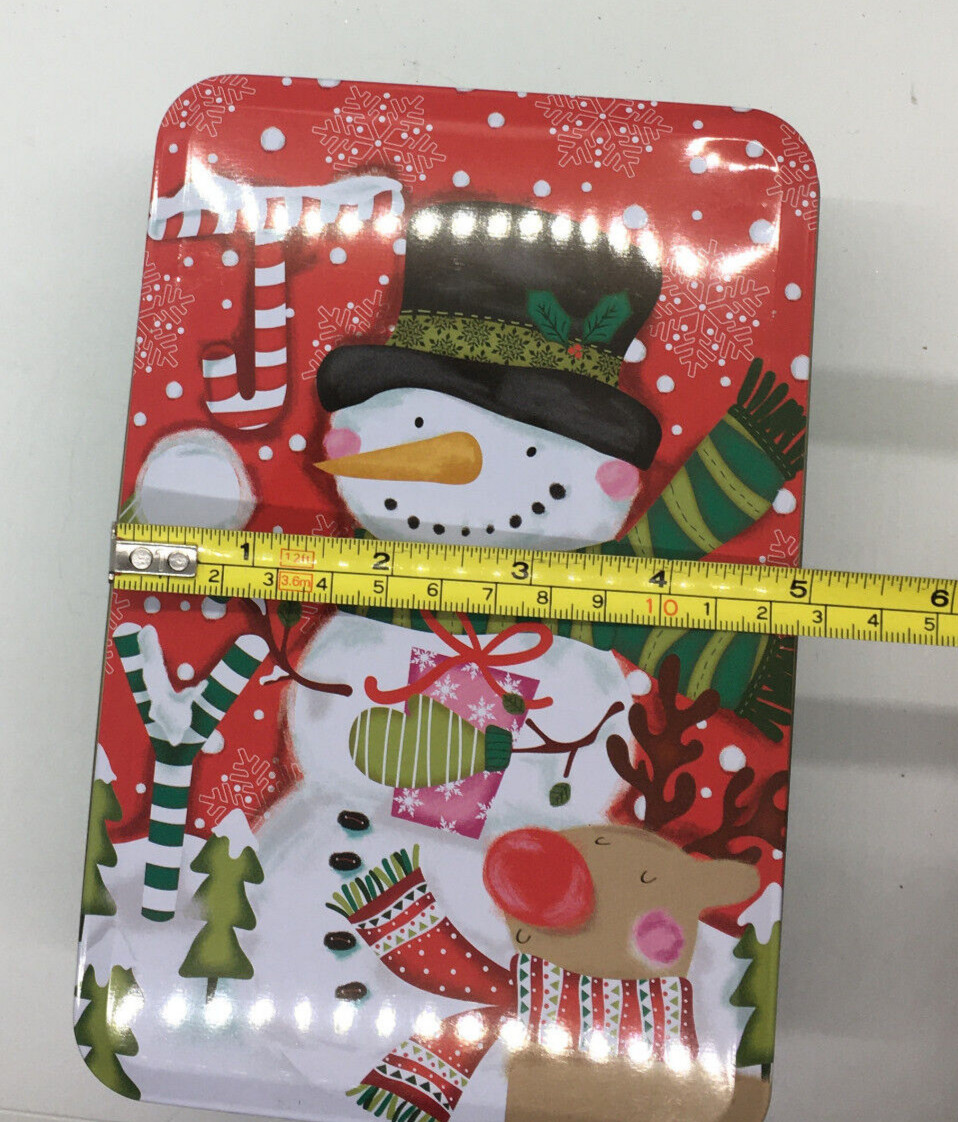 Collector JOY Holiday Tin Snowman Reindeer in Scarves Greenbrier Int. 7.5 x 5 in