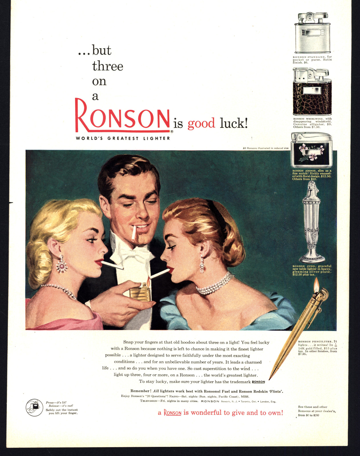 1950 RONSON CIGARETTE LIGHTER TWO WOMEN ONE MAN VINTAGE PRINT AD