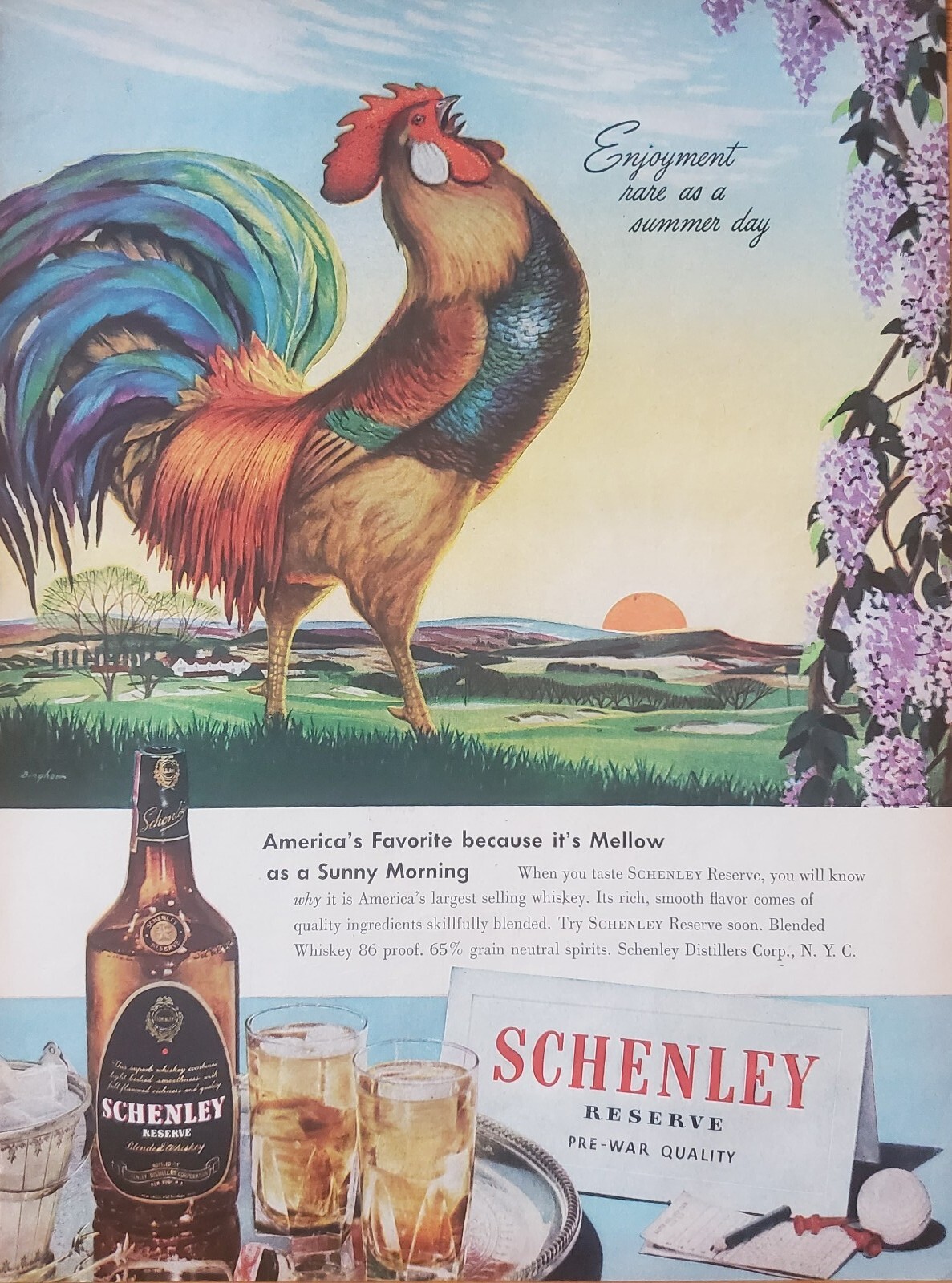 1946 Schenley Reserve Blended Whiskey Rooster Sunrise Hydrangea Vintage Print Ad