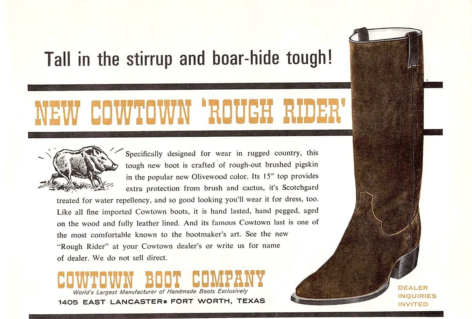 Cowtown Boot Co Rough Rider Cowboy Boot Fort Worth TX Vtg Magazine Print Ad