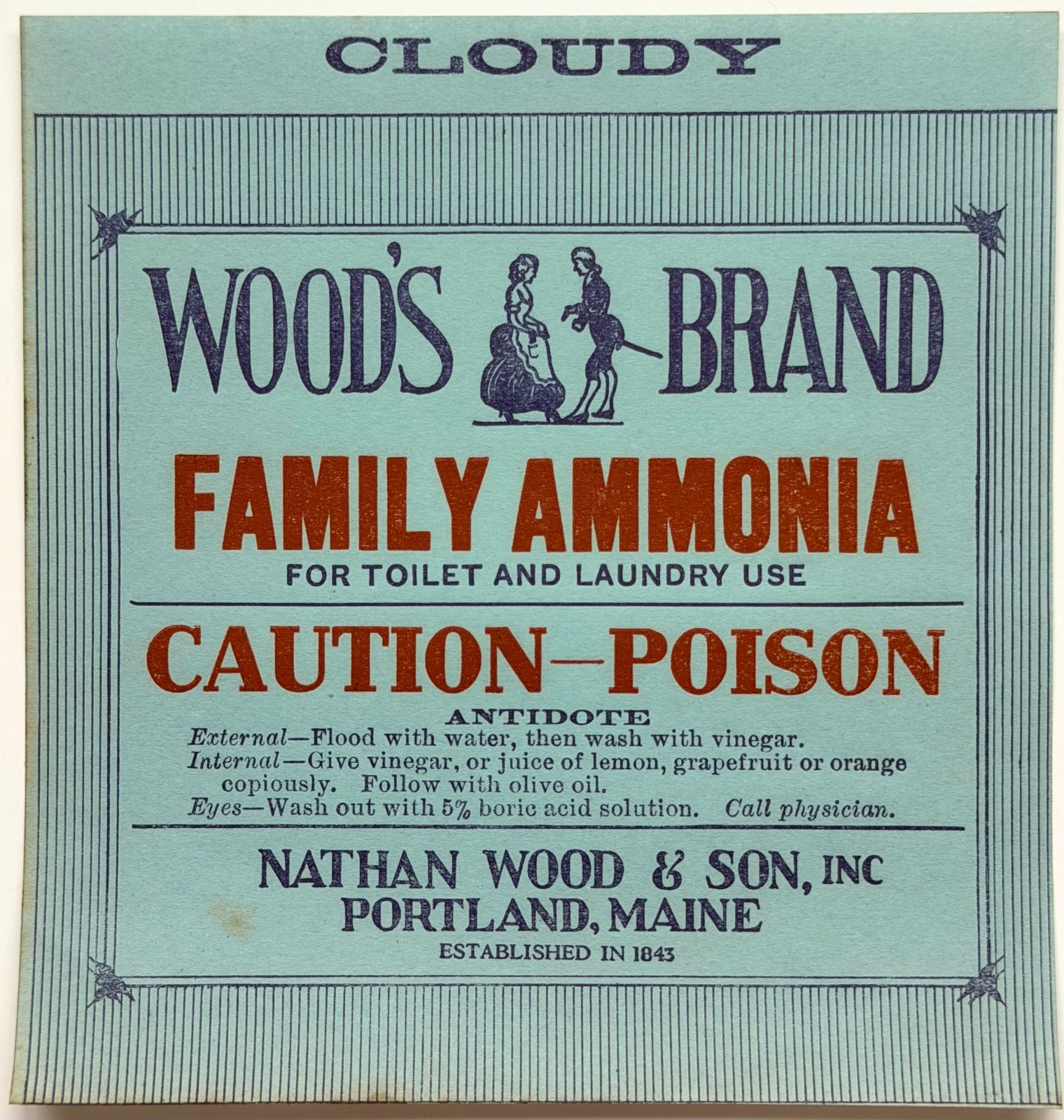 c1900s Woods Brand Family Ammonia Label Unused Portland Maine Caution-Poison J7