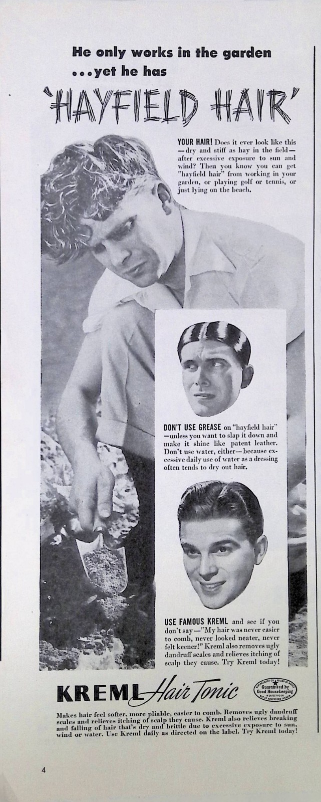 Vintage Print Ad 1940’s Hayfield Hair Man Gardening Kreml Tonic Grease Dandruff