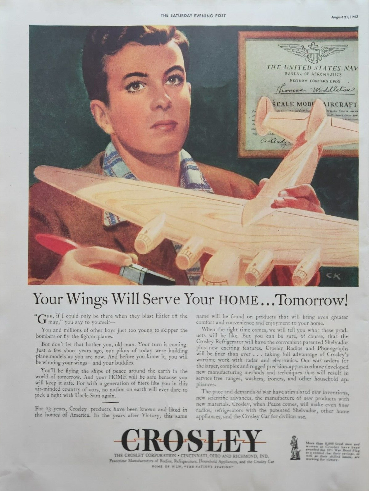1943 Crosley Corporation Vintage Ad Your wings will serve your home tomorrow