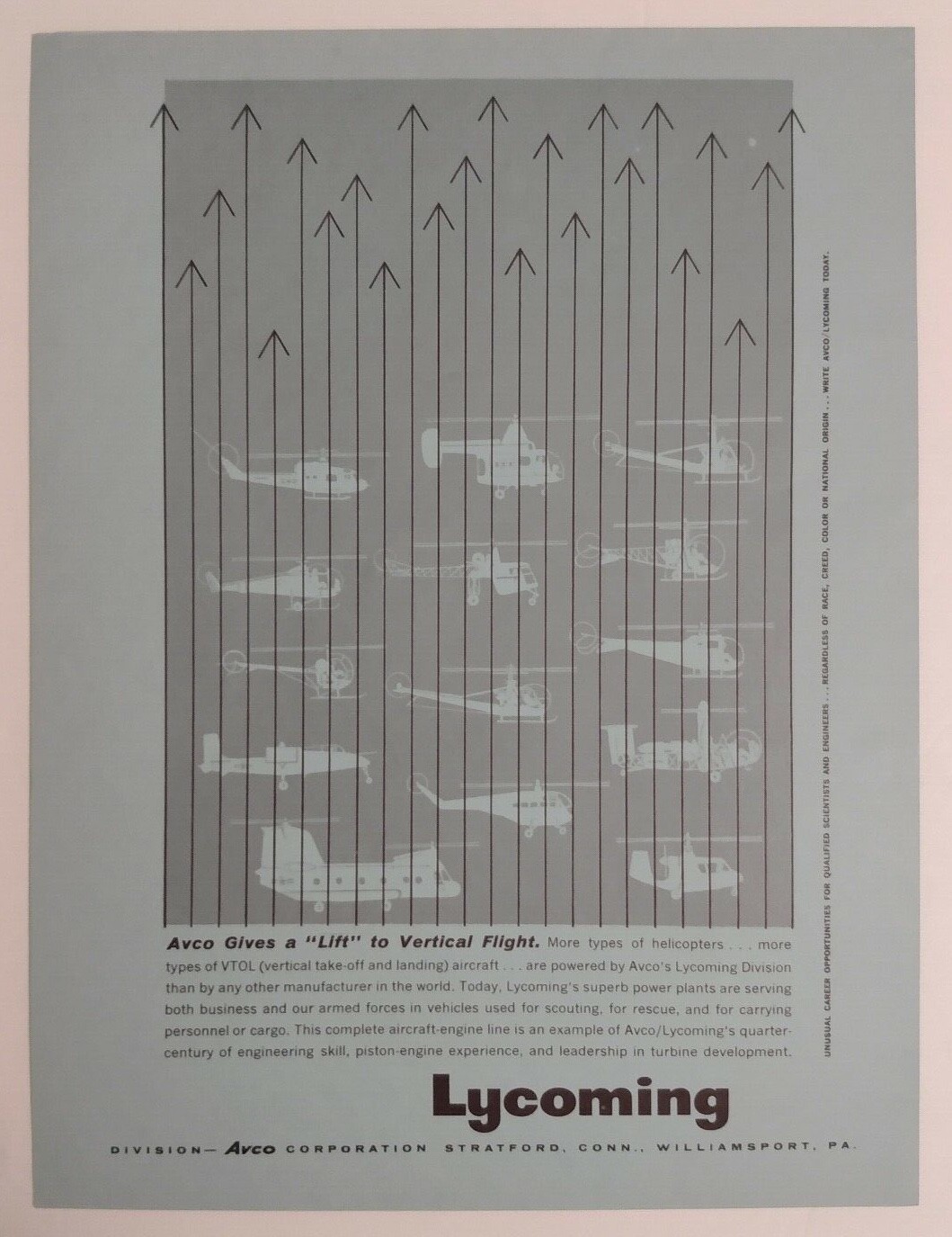1961 Lycoming Avco Gives a “Lift” Advertisement Stratford, Conn Williamsport, PA