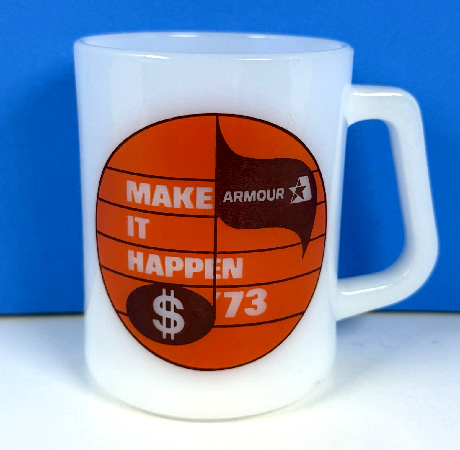Vintage Federal Milk Glass Coffee Mug Armour 1973- Make it Happen Orange & Brown