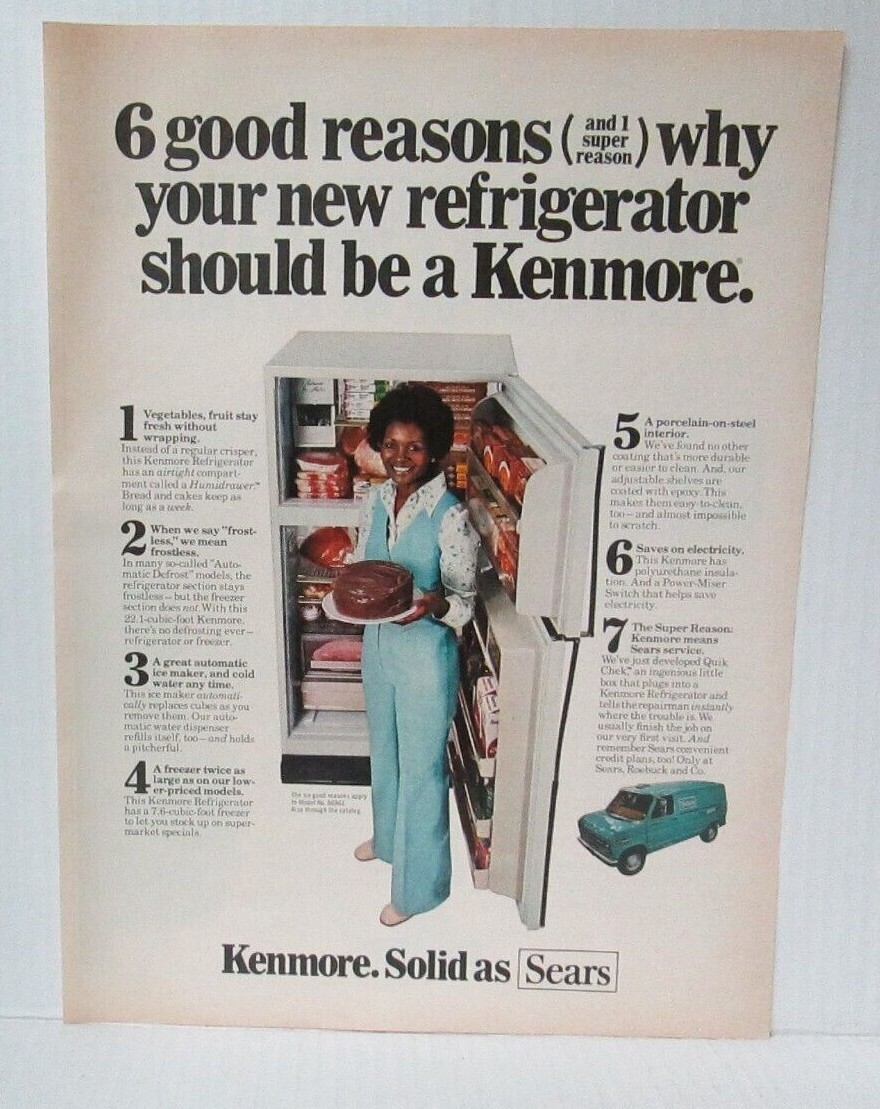 AFRICAN AMERICAN WOMAN SEARS REFRIGERATOR Vtg 1970’s 10″X13.5″ Magazine Ad LM51