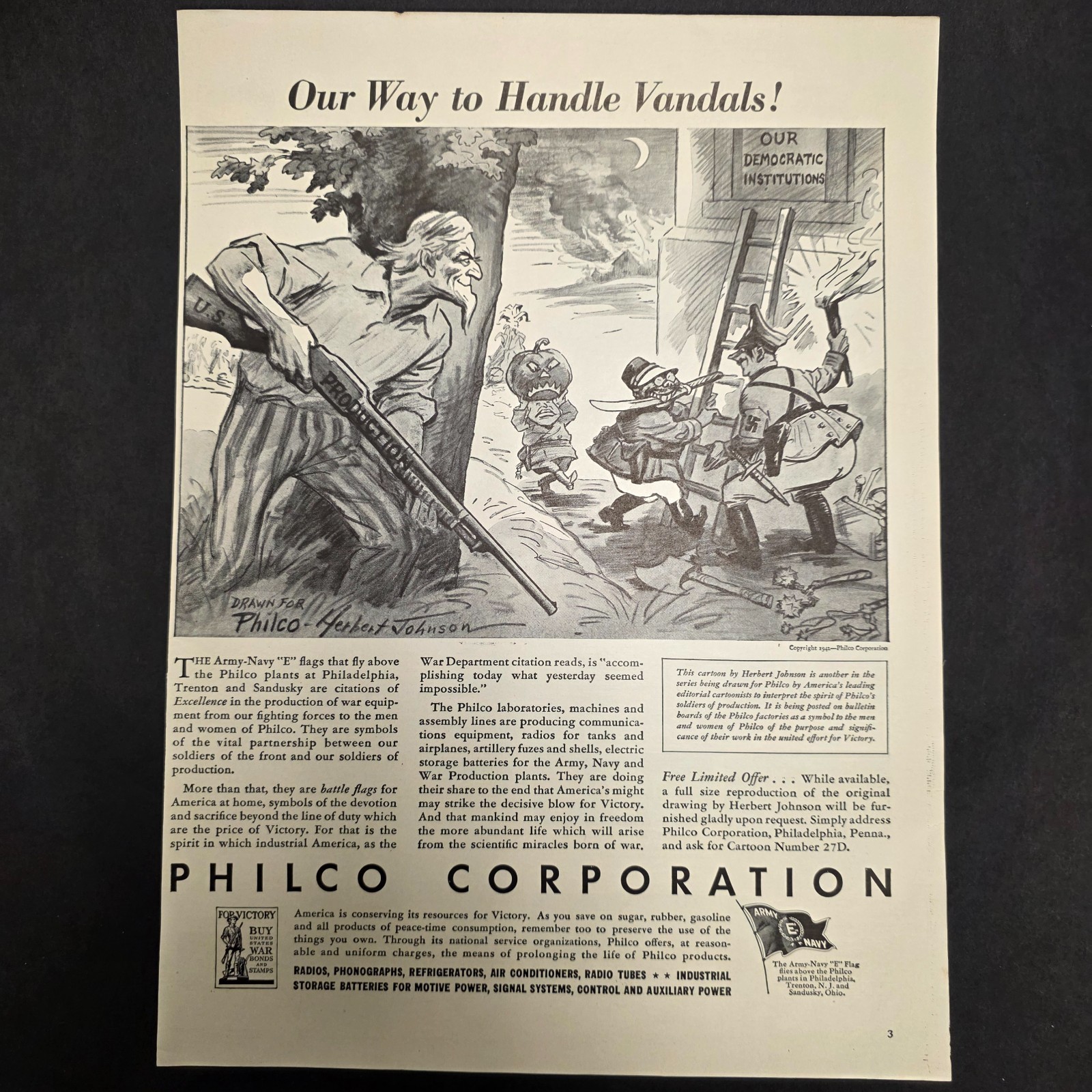 WWII Philco Magazine Ad Our Way to Handle Vandals Army Navy 1940s Print