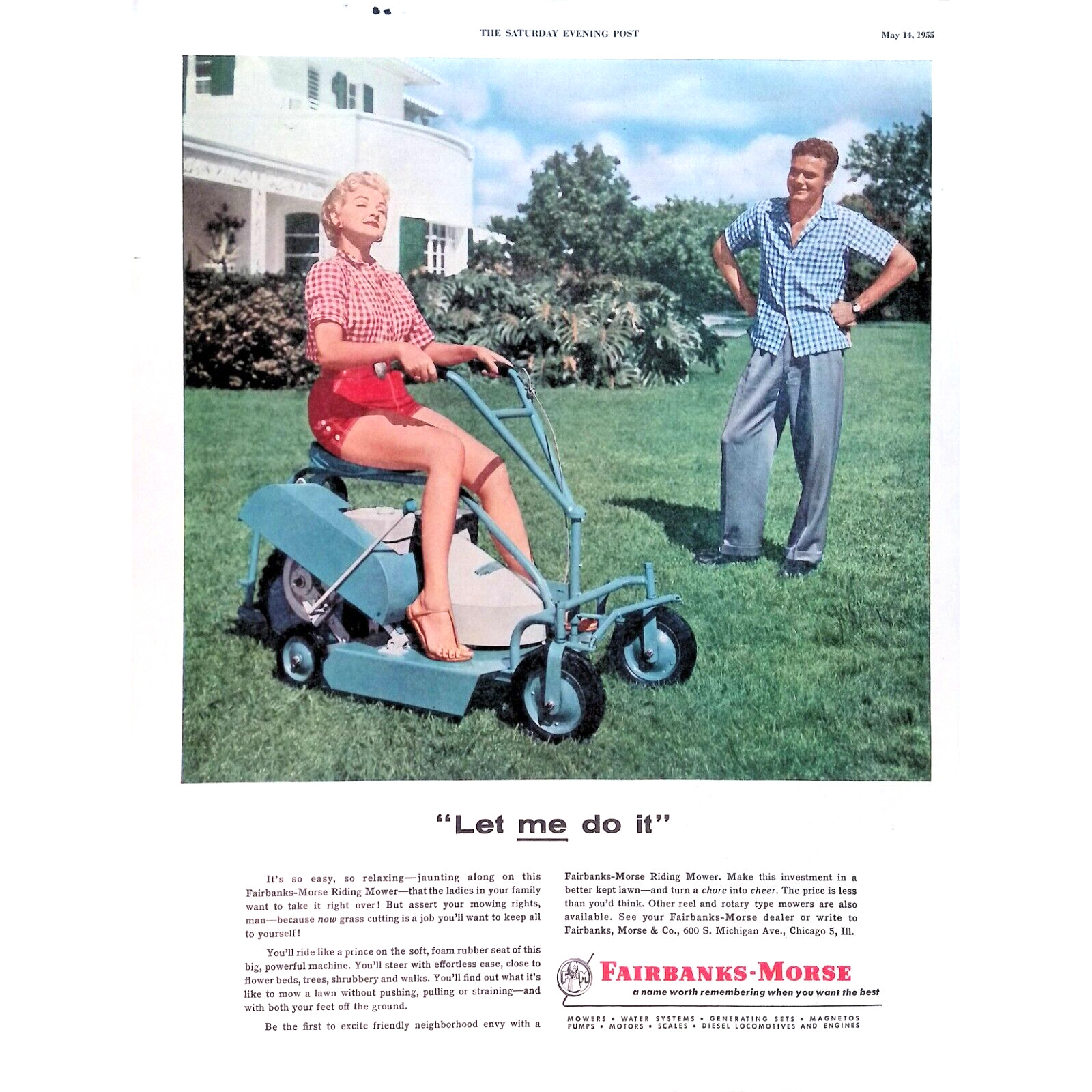 Lawn Mower 1955 Print Ad Fairbanks-Morse Mowers Let Me Do It 11″X14″ Vintage