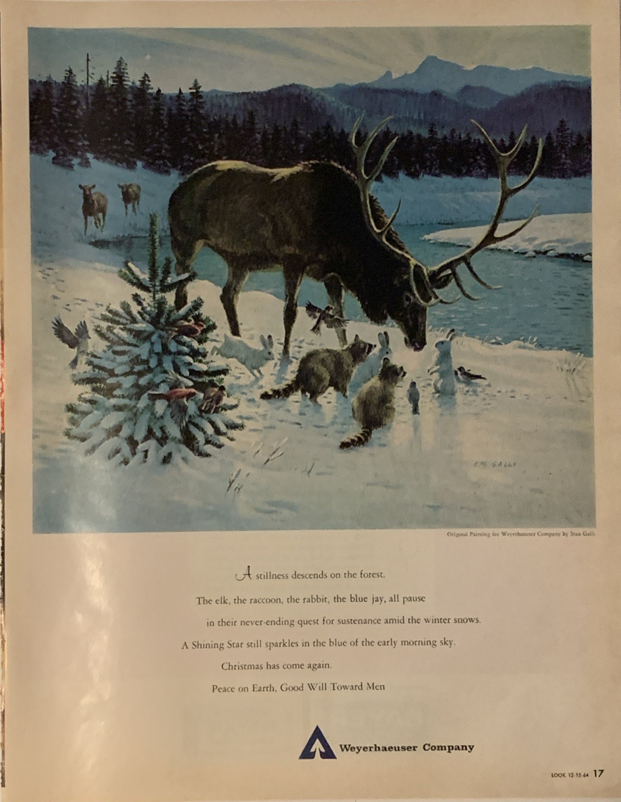 1964 Weyerhaeuser Christmas Greeting PRINT AD Elk – Artist Stan Galli VTG 1960s
