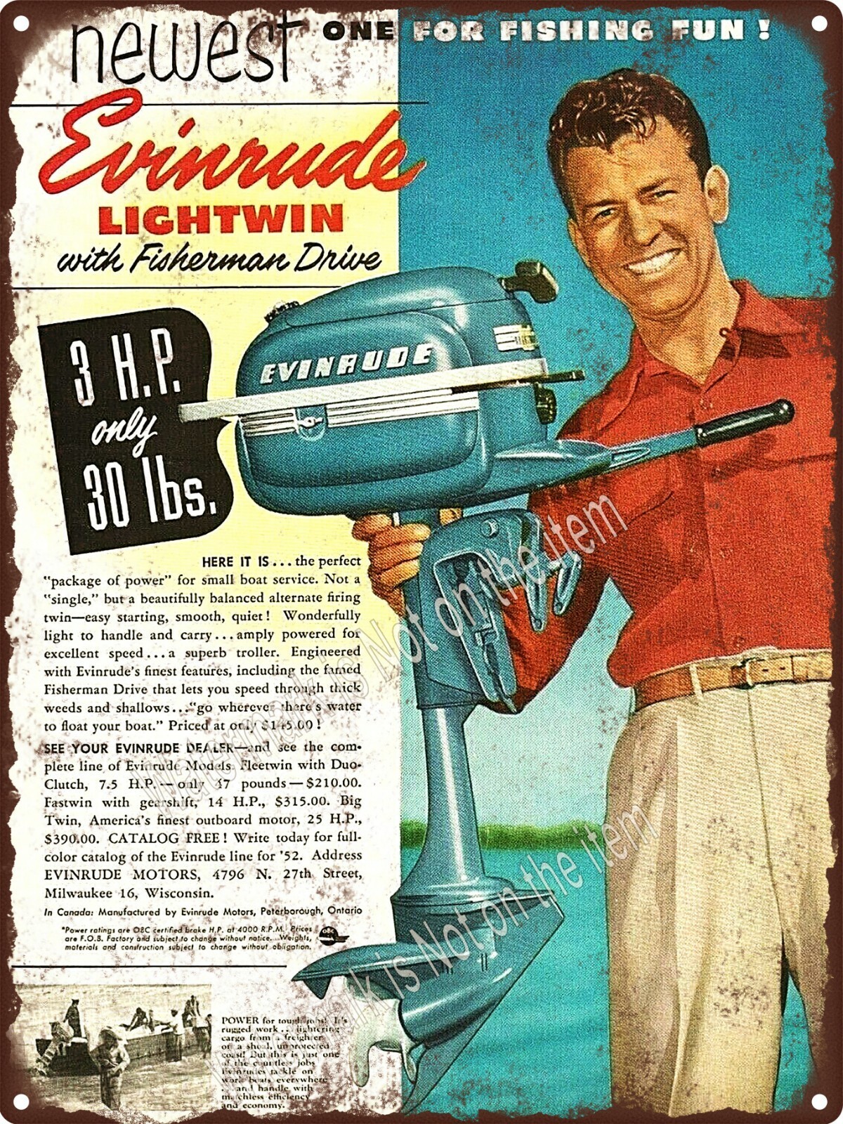 1952 EVINRUDE LIGHTWIN 3 H.P. Fisherman Drive Motor Boat Metal Sign 9×12″ A272