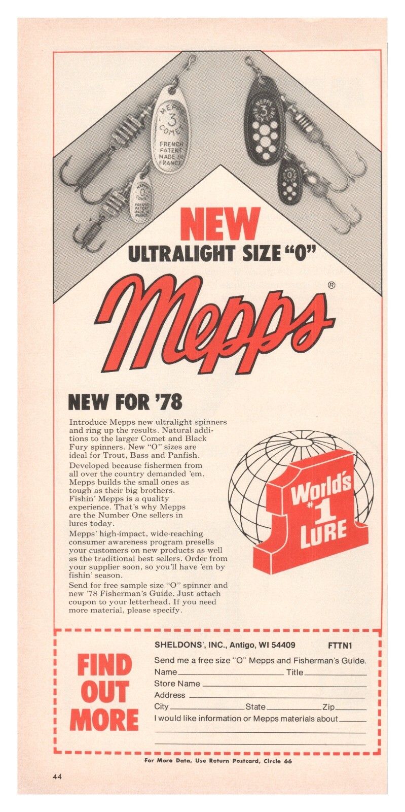Print Ad Mepps New Ultralight Size “0” World’s #1 Lure Sheldons’ Antigo WI 1978