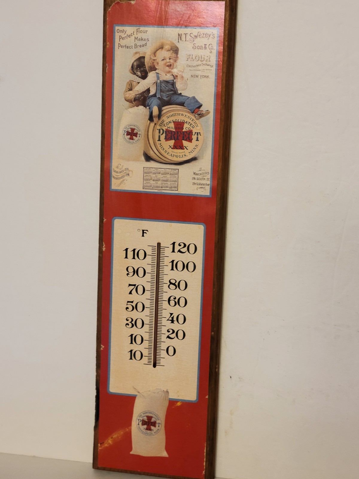N.T. Swezey’s & Son Flour 18″ Metal 1901 Calendar Advertising Thermometer