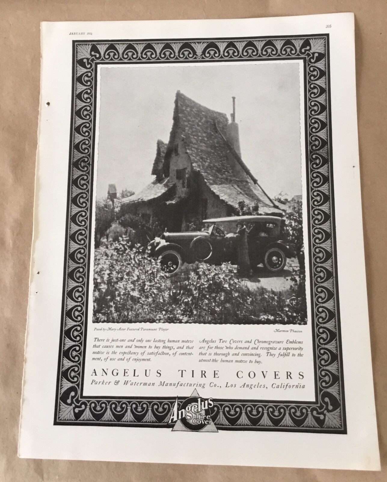 Angelus Tire car 1924 orig vintage print ad 1920s illustrated automobile large