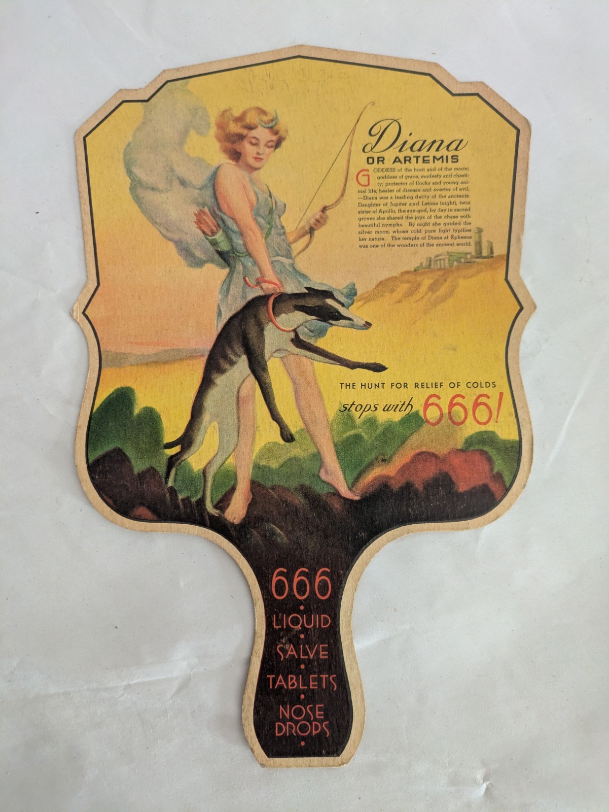 Vintage 1930’s Advertising Cardboard Fan Diana Artemis 666 Cold Remedies Promo