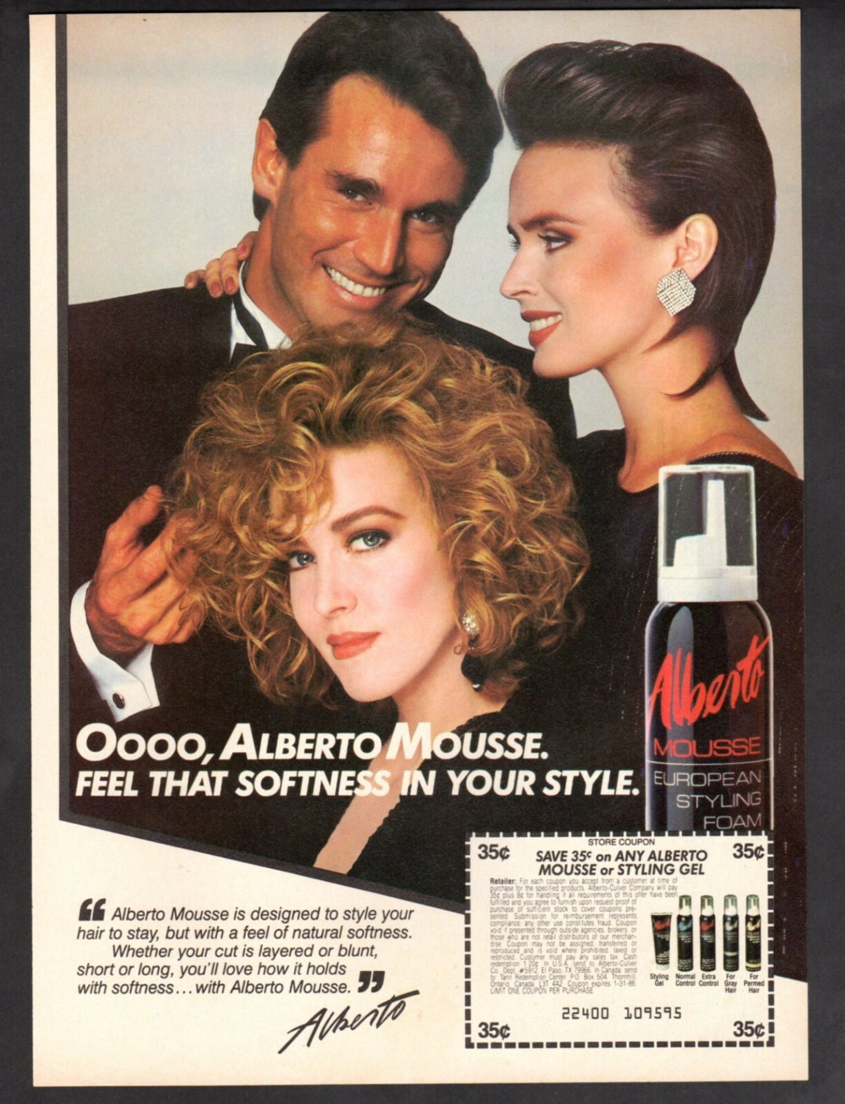 Vintage advertising print Hair Alberto Mousse Styling Gel softness in Style 1985
