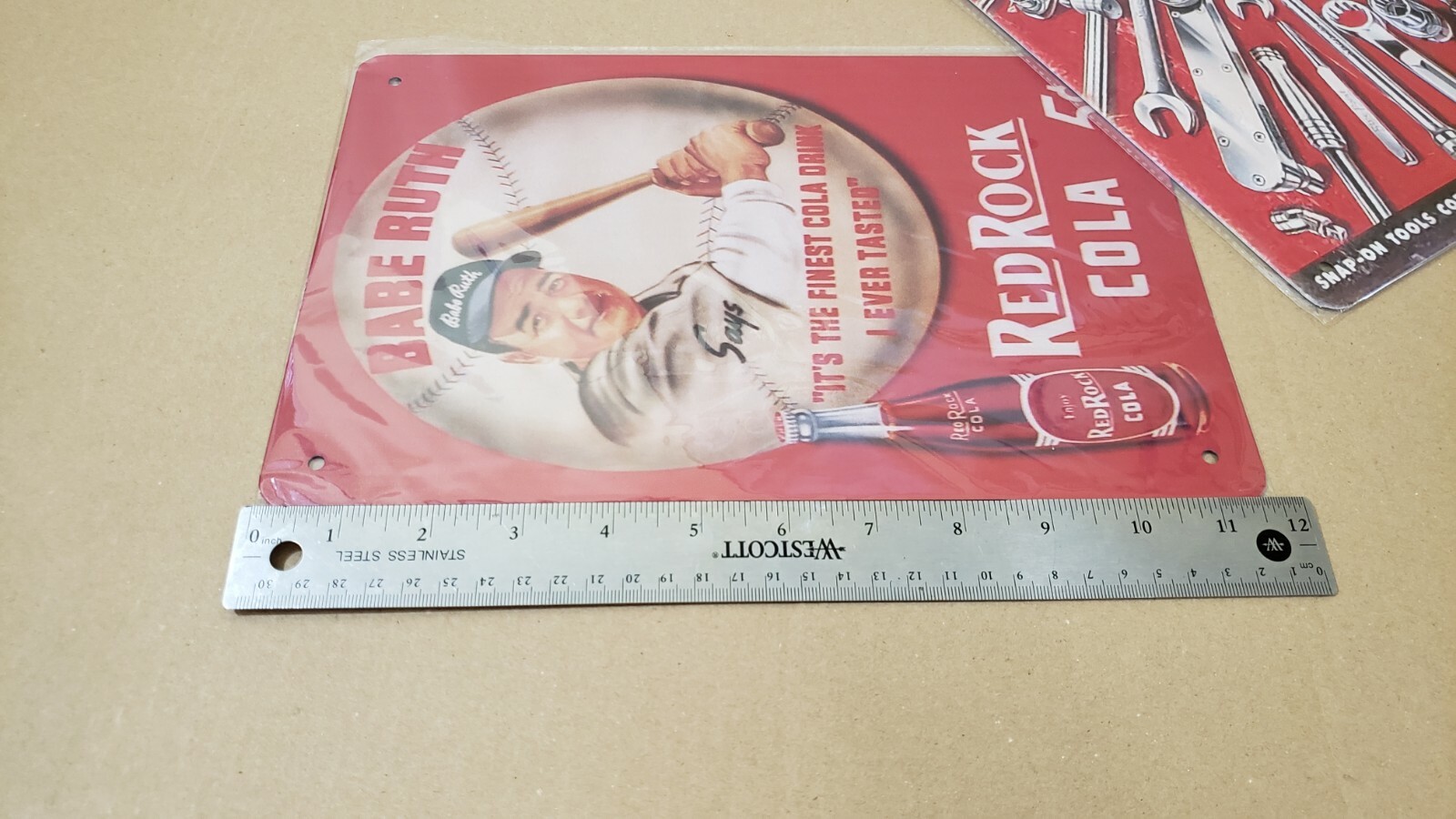 METAL TIN NIP NEW LOT X2 SIGNS BABE RUTH RED ROCK COLA & SNAP ON TOOLS MAN CAVE