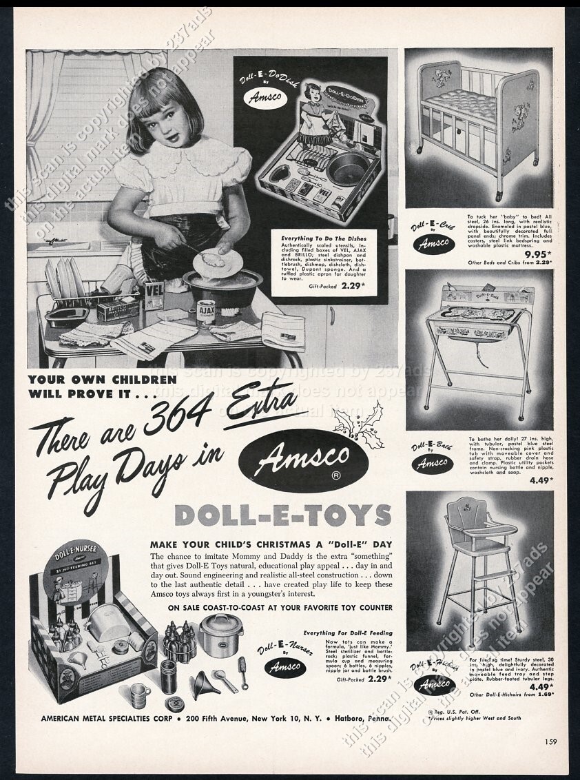 1951 Amsco Doll E Toys girl’s toy dishwashing kit doll nurser pix vtg print ad