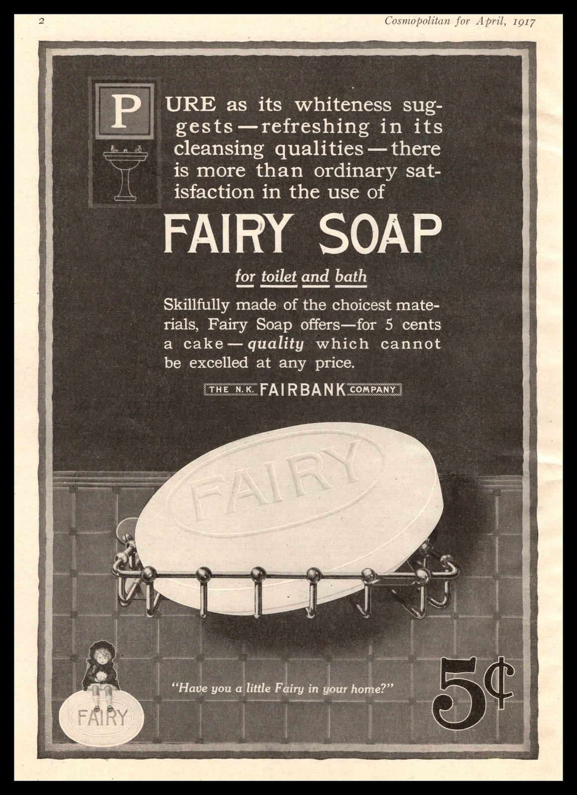 1917 Fair Soap For Toilet & Bath Room Metal Holder N K Fairbank Vintage Print Ad