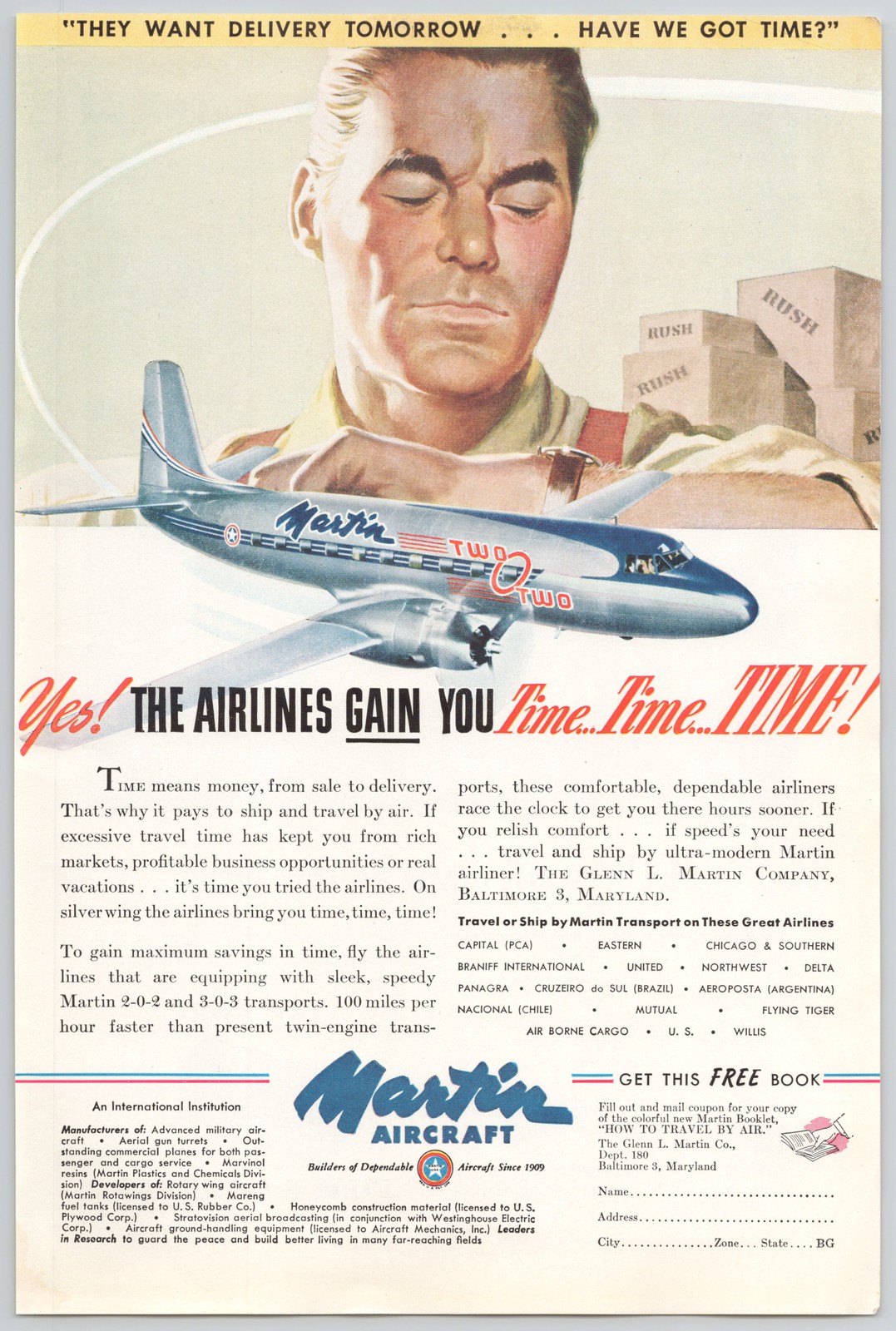 Martin 2-0-2 3-0-3 Aircraft Airlines Baltimore Maryland 1947 Vintage Print Ad