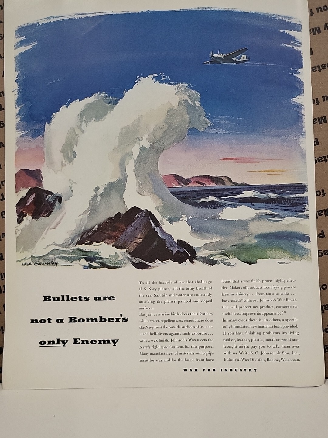 1942 S.C. Johnson & Son Wax For Industry Fortune WW2 Print Ad Q3 Airplane Ocean