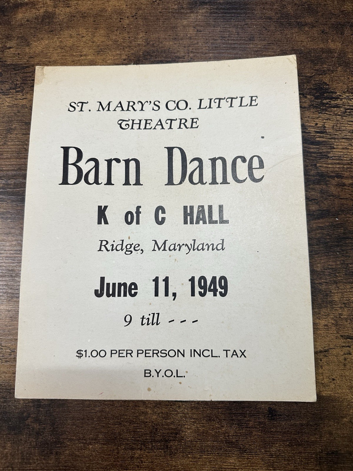 Vintage 1949 St. Mary’s Co. Barn Dance Cardboard Sign Ridge Maryland