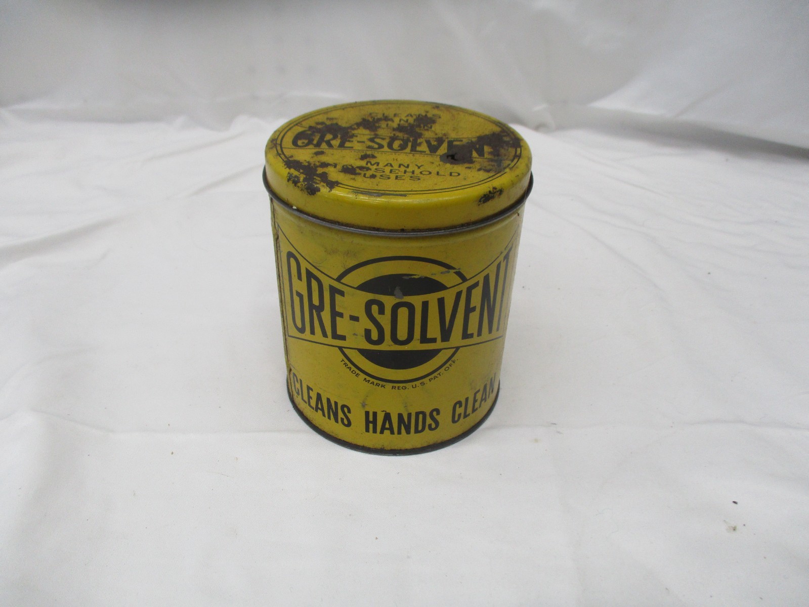 Antique Yellow Black GRE-SOLVENT Cleans Hands Clean Cleaner TIN The Utility Co