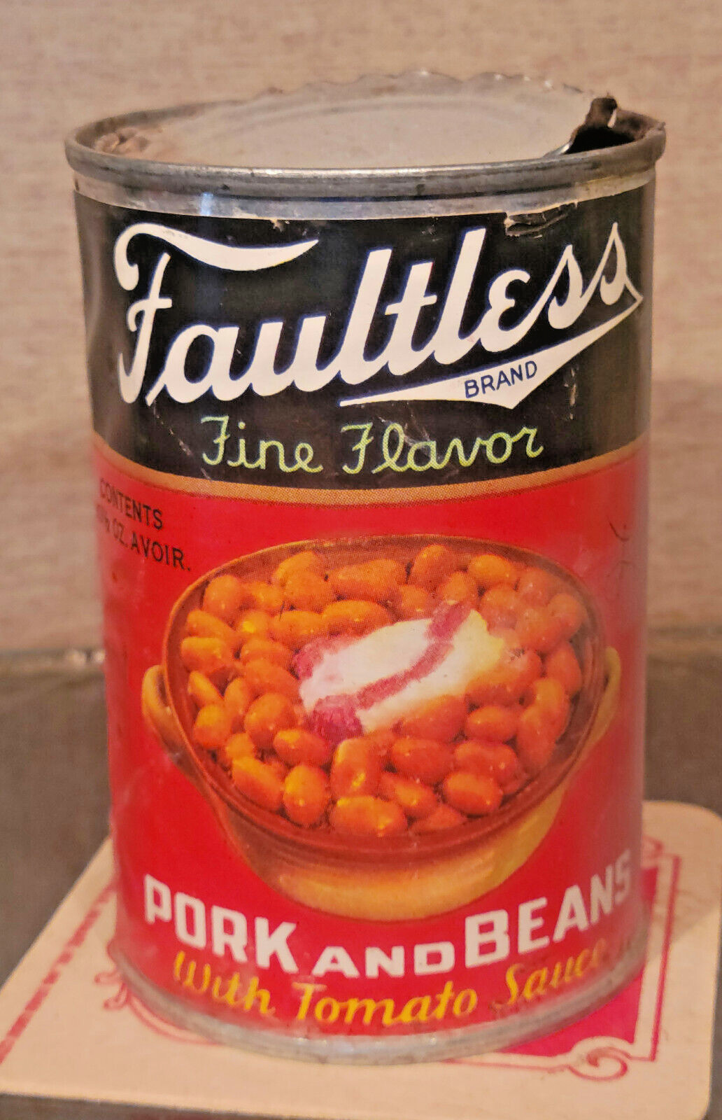 1950s FAULTLESS PORK & BEANS PAPER LABEL TIN CAN 10 1/2 OUNCE CHICAGO ILL