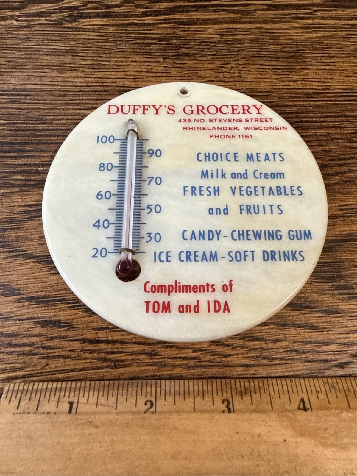 Vintage Duffy’s Grocery Thermometer Rhinelander Wisconsin Ice Cream Milk Candy