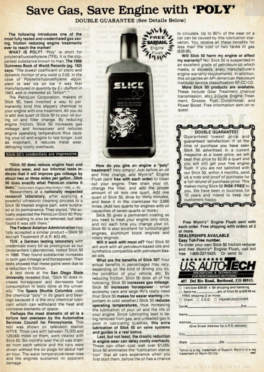 1989 Vintage Print Ad Save Gas Engine with Poly Slick 50 U.S. Autotech Bardahl
