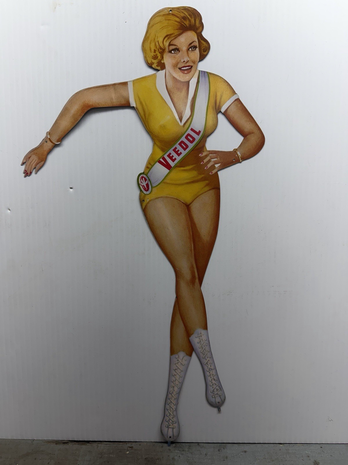 Vintage 1950s Veedol Skater Girl Die Cut Tin Sign Original Rare 17” Tall Pinup