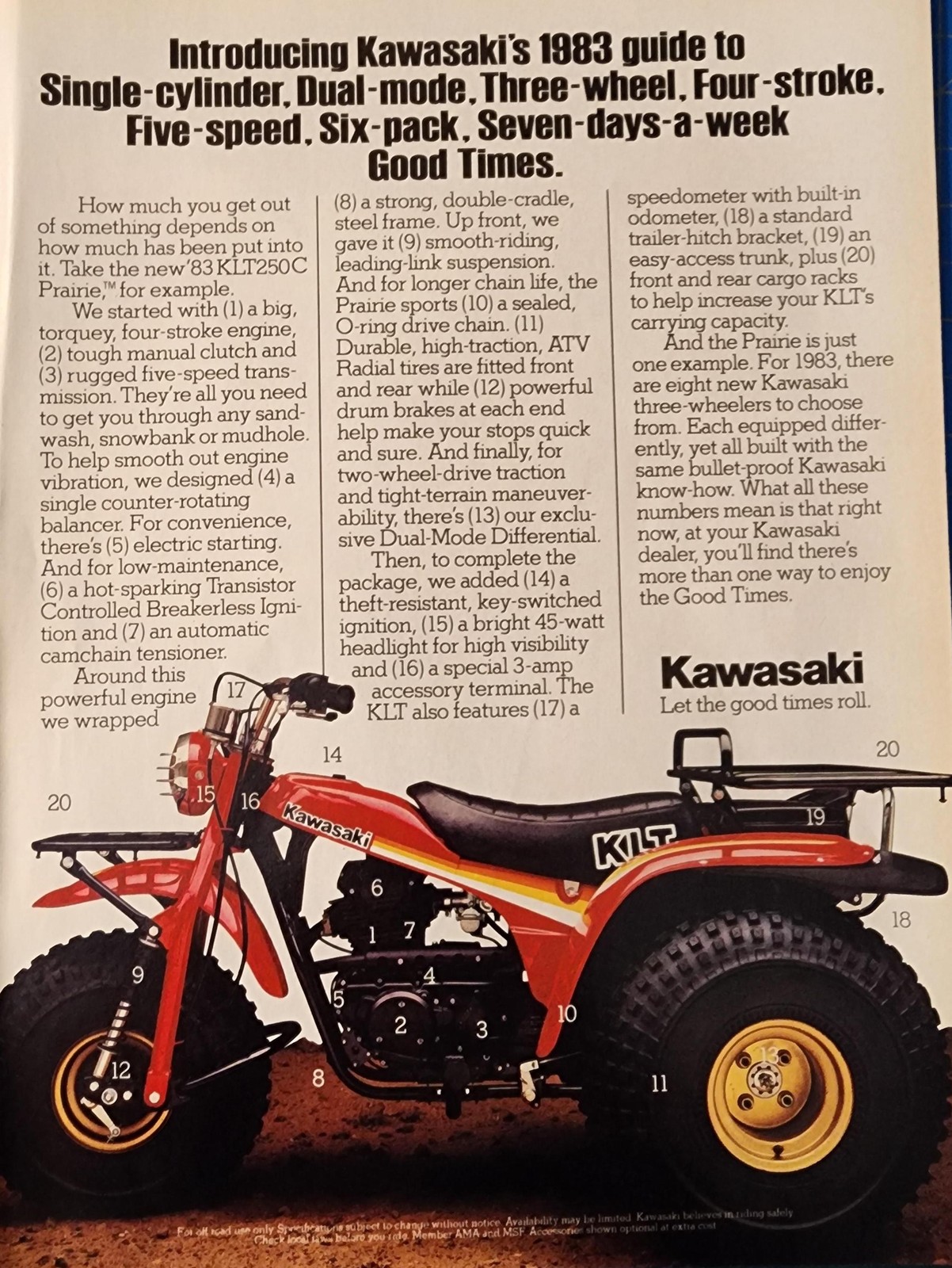 1983 Vintage Print Ad Introduciing Kawasaki’s guide KLT250C Prairie Good Times
