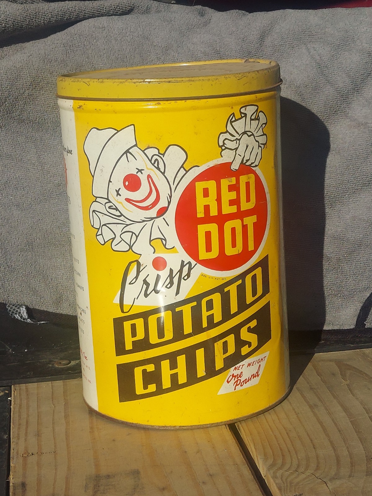 vintage “Red Dot” potato chip tin can, Yellow 11″ tall advertising tin