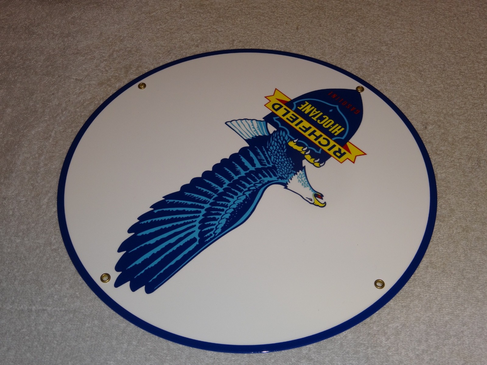VINTAGE RICHFIELD EAGLE HI OCTANE GASOLINE 11 3/4″ PORCELAIN METAL GAS OIL SIGN!