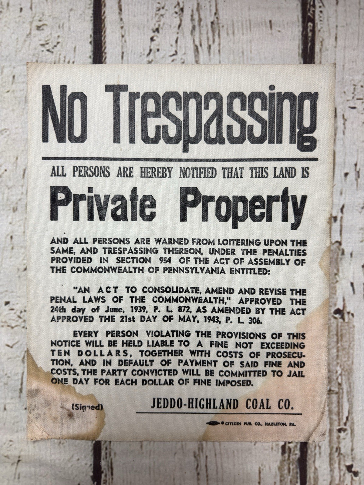 VTG No Trespassing Private Property Jeddo Highland Coal Co Cardstock Sign READ
