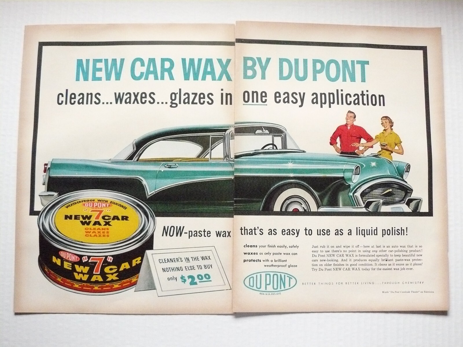 1956 Du Pont New Car Wax 2-page Vintage Print Ad