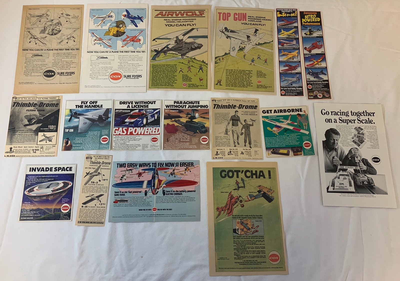 collection/lot of seventeen COX model airplane ads 1950s-1990s