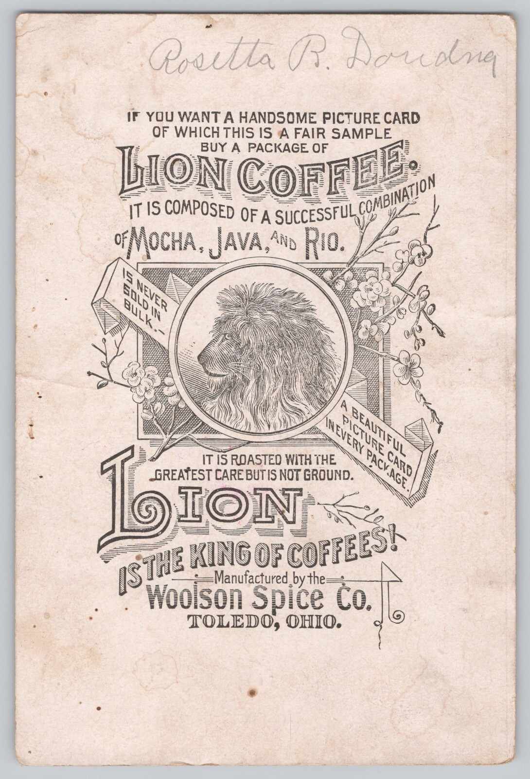 1880s Lion Coffee Woolson Spice Co. Mocha Java & Rio Children Dancing Flowers