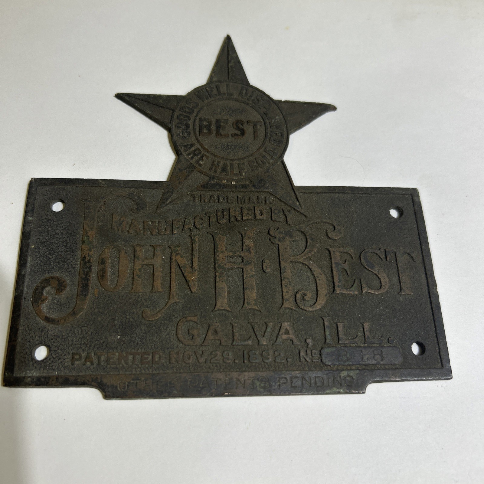 JOHN H BEST GALVA ILL 1Brass Nameplate Plaque Sign Goods Well Displayed 1892
