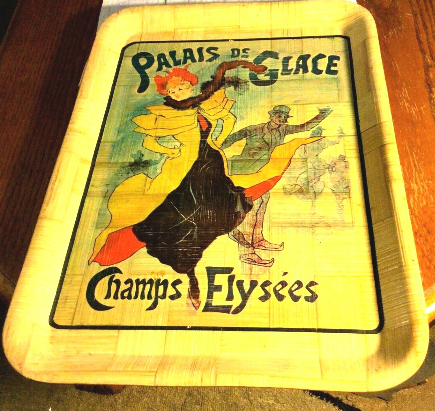 Vintage Woven Bamboo Serving Tray Skating Flair Palais de Glace Champs Elysees