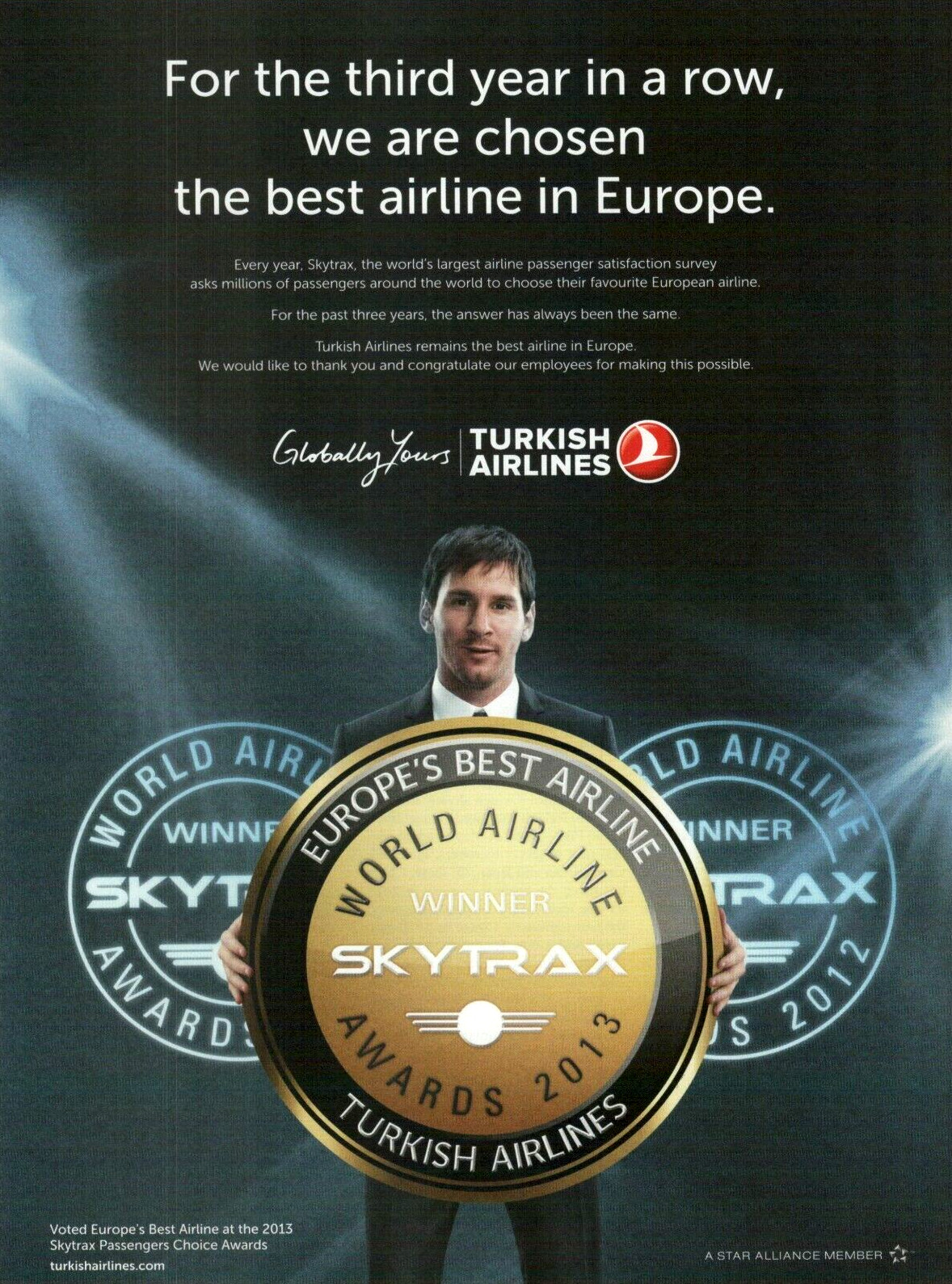 2013 Turkish Airlines Lionel Messi Europe’s Best 3rd Year Row VINTAGE PRINT AD