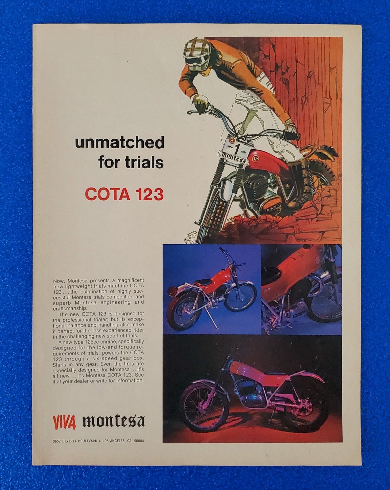 1974 MONTESA MOTORCYCLE PRINT AD COTA 123 UNMATCHED FOR TRIALS 125cc ENGINE