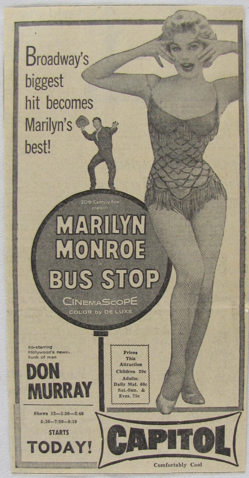 Vintage 1956 BUS STOP Marilyn Monroe Movie Newspaper Print Ad